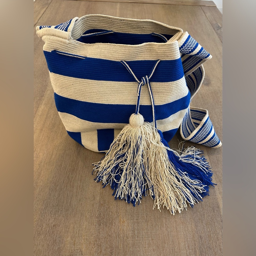 Blue and White Striped Bag with Tassels